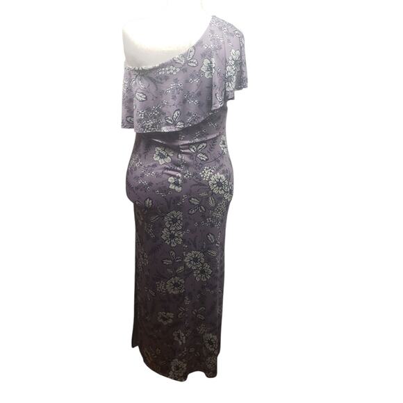 Bailey Blue Lilac Floral Maxi Dress Size L Asymmetrical Neckline Ruffle Stretch - Picture 3 of 11